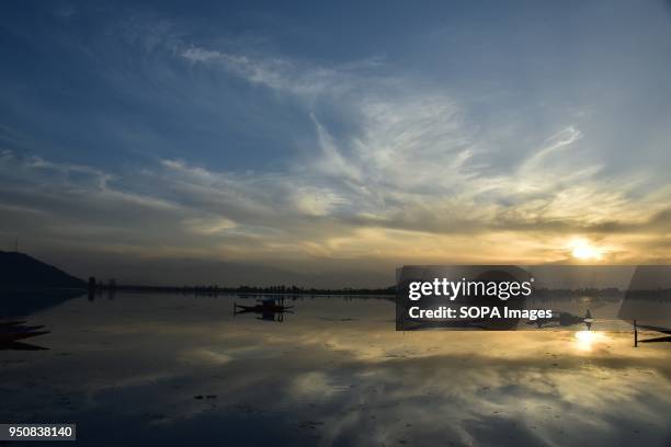 Kashmiri Boatman Rows His Shikara On The Waters Of Dal Lake Srinagar Summer Capital Of Kashmir, During Sunset.