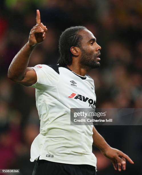 Cameron Jerome of Derby County celebrates after scoring his sides first goal during the Sky Bet Championship match between Derby County and Cardiff...