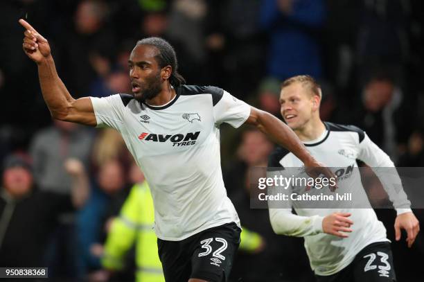 Cameron Jerome of Derby County celebrates after scoring his sides first goal during the Sky Bet Championship match between Derby County and Cardiff...