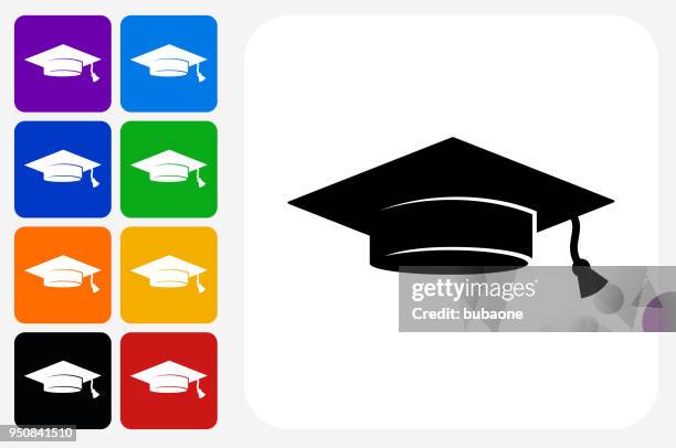 graduation cap icon square button set - mortar board stock illustrations