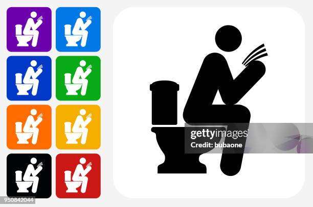 man on a toilet icon square button set - bathroom render stock illustrations