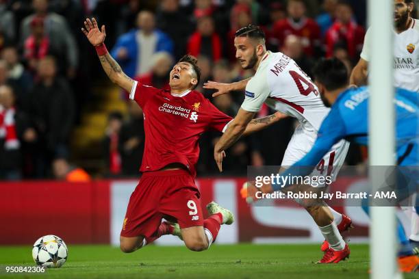 Roberto Firmino of Liverpool and Konstantinos Manolas of AS Roma during the UEFA Champions League Semi Final First Leg match between Liverpool and...