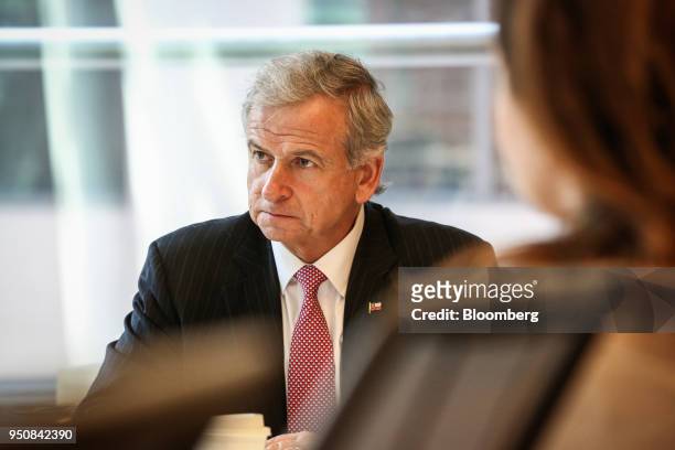 Felipe Larrain, Chile's new finance minister, center, speaks during an interview in New York, U.S., on Tuesday, April 24, 2018. Larrain said he was...