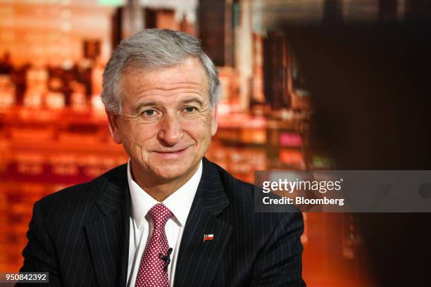 Felipe Larrain, Chile's new finance minister, smiles during a Bloomberg Television interview in New York, U.S., on Tuesday, April 24, 2018....