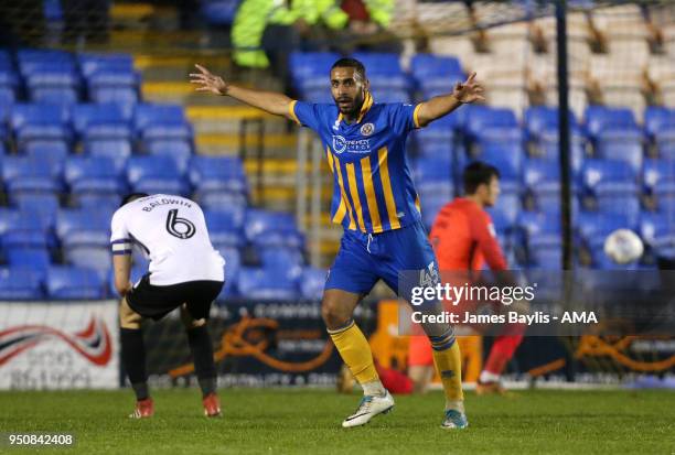 Stefan Payne of Shrewsbury Town celebrates after scoring a goal to make it 2-1 during the Sky Bet League One match between Shrewsbury Town and...