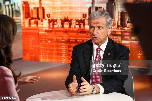 Felipe Larrain, Chile's new finance minister, speaks during a Bloomberg Television interview in New York, U.S., on Tuesday, April 24, 2018....
