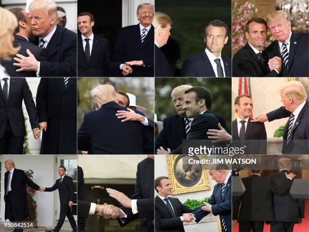This combination of pictures created on April 24, 2018 shows French President Emmanuel Macron and US President Donald Trump attitudes during a state...