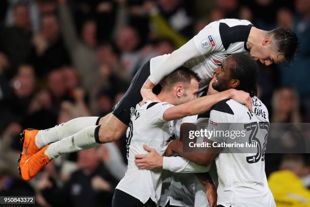 Matej Vydra of Derby County celebrates after scoring his sides second goal with team mates during the Sky Bet Championship match between Derby County...