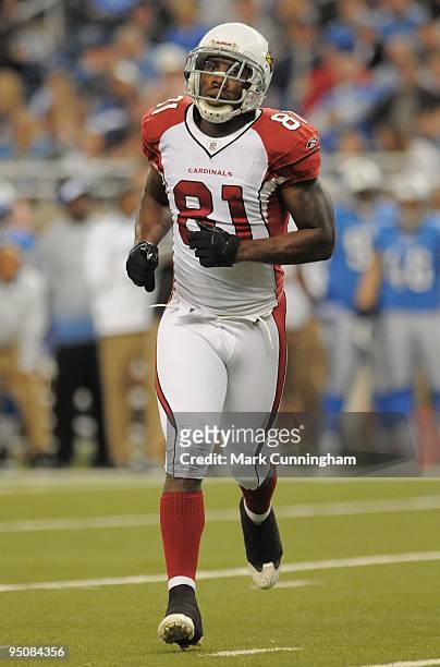 Anquan Boldin of the Arizona Cardinals runs onto the field against the Detroit Lions at Ford Field on December 20, 2009 in Detroit, Michigan. The...