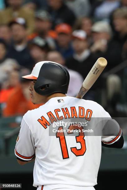 Manny Machado of the Baltimore Orioles bats against the Cleveland Indians at Oriole Park at Camden Yards on April 23, 2018 in Baltimore, Maryland.