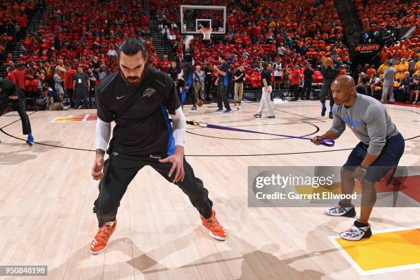 Steven Adams of the Oklahoma City Thunder stretches prior to Game Three of Round One of the 2018 NBA Playoffs against the Utah Jazz on April 21, 2018...