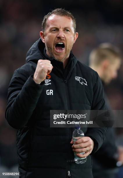 Gary Rowett manager of Derby County celebrates as Cameron Jerome of Derby County scores his sides third goal during the Sky Bet Championship match...