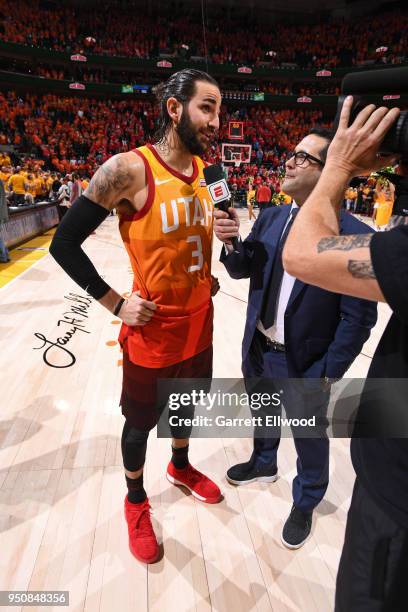 Reporter, Adam Schefter interviews Ricky Rubio of the Utah Jazz after Game Three of Round One of the 2018 NBA Playoffs against the Oklahoma City...