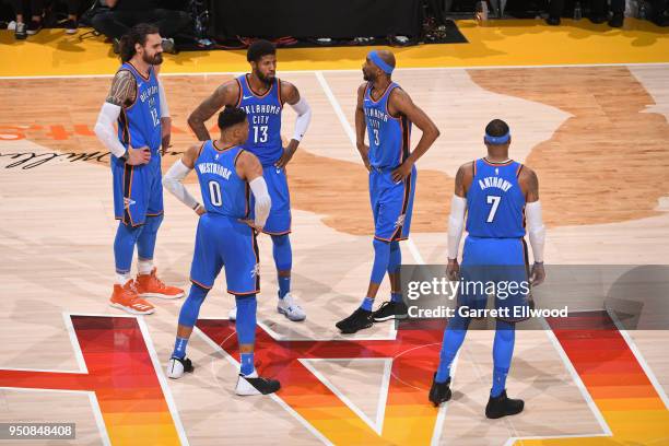 The Oklahoma City Thunder look on during Game Three of Round One of the 2018 NBA Playoffs against the Utah Jazz on April 21, 2018 at vivint.SmartHome...