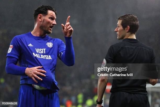 Sean Morrison of Cardiff City reacts towards the assistant referee during the Sky Bet Championship match between Derby County and Cardiff City at...