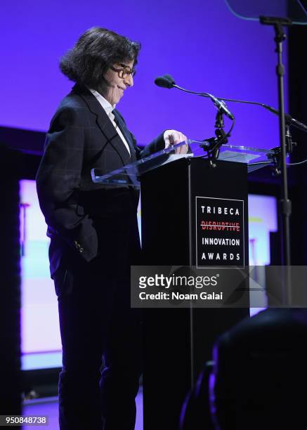 Fran Lebowitz speaks onstage at the Tribeca Disruptive Innovation Awards and luncheon sponsored by Bulleit Frontier Whiskey, during the 2018 Tribeca...
