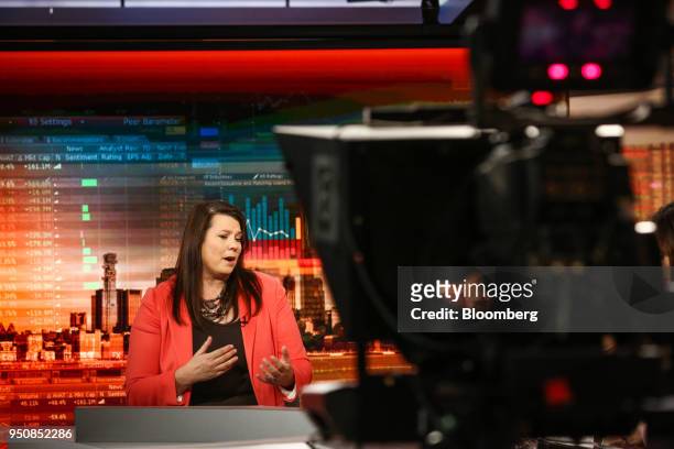 Jane Buchan, chief executive officer of Pacific Alternative Asset Management Co., speaks during a Bloomberg Television interview in New York, U.S.,...