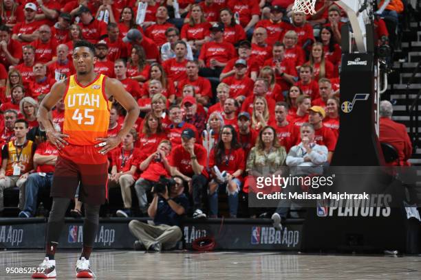 Donovan Mitchell of the Utah Jazz looks on against the Oklahoma City Thunder of Game Three of Round One of the 2018 NBA Playoffs on April 21, 2018 at...