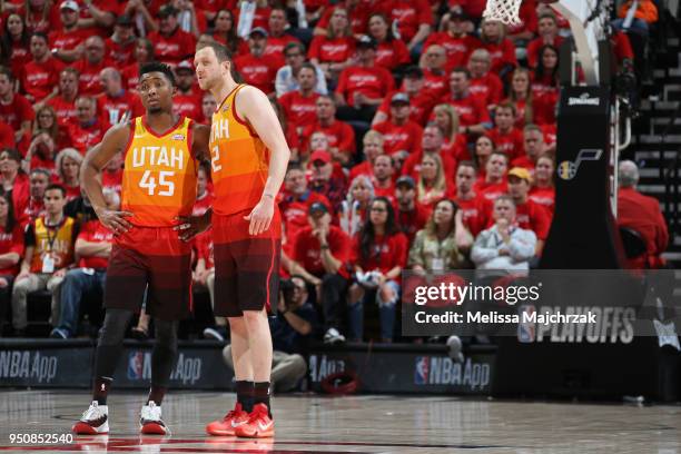 Donovan Mitchell Joe Ingles of the Utah Jazz look on against the Oklahoma City Thunder of Game Three of Round One of the 2018 NBA Playoffs on April...