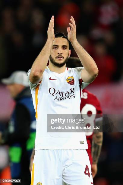 Kostas Manolas of AS Roma applauds the crowd after the UEFA Champions League Semi Final First Leg match between Liverpool and A.S. Roma at Anfield on...