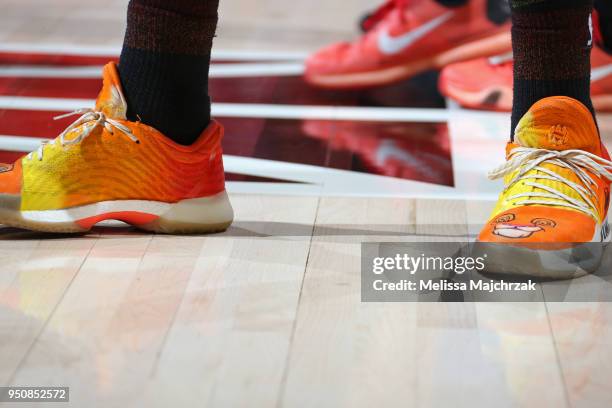 The sneakers worn by Royce O'Neale of the Utah Jazz are seen in Game Three of Round One of the 2018 NBA Playoffs against the Oklahoma City Thunder on...