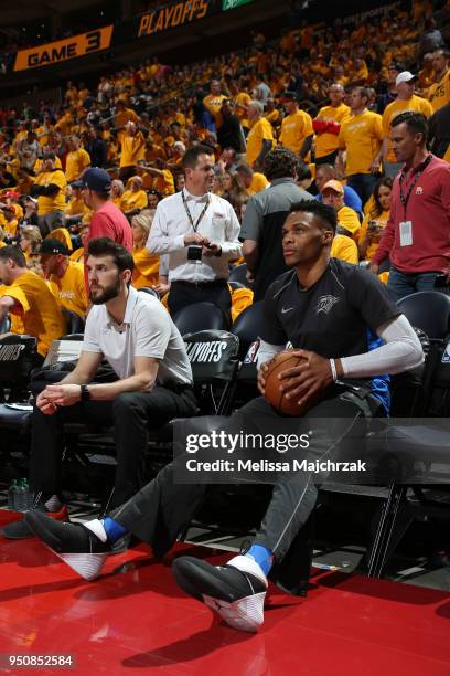 Russell Westbrook of the Oklahoma City Thunder looks on against the Utah Jazz in Game Three of Round One of the 2018 NBA Playoffs on April 21, 2018...