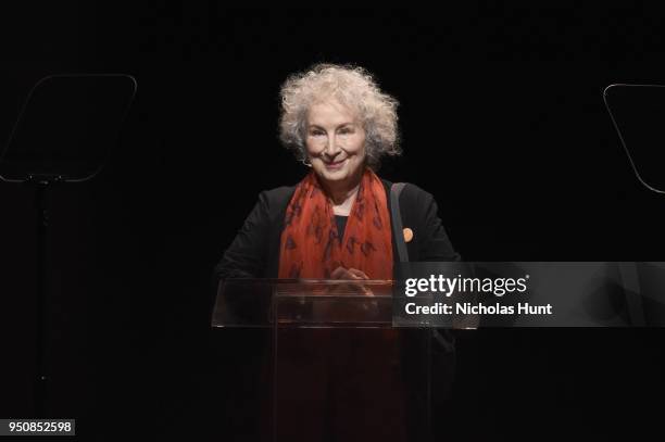 Writer Margaret Atwood speaks onstage during The Tory Burch Foundation 2018 Embrace Ambition Summit at Alice Tully Hall on April 24, 2018 in New York...