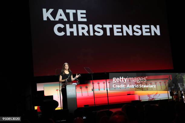 Kate Christensen speaks on stage during Tribeca Disruptive Innovation Awards - 2018 Tribeca Film Festival at Spring Studios on April 24, 2018 in New...