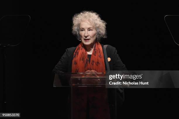 Writer Margaret Atwood speaks onstage during The Tory Burch Foundation 2018 Embrace Ambition Summit at Alice Tully Hall on April 24, 2018 in New York...