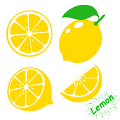 Icon lemon. Set fresh lemon fruits and slice. Isolated on white background. Vector illustrations