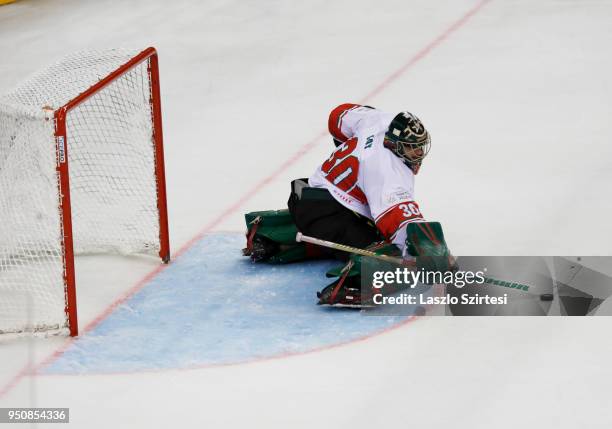 Adam Vay of Hungary saves during the 2018 IIHF Ice Hockey World Championship Division I Group A match between Italy and Hungary at Laszlo Papp...