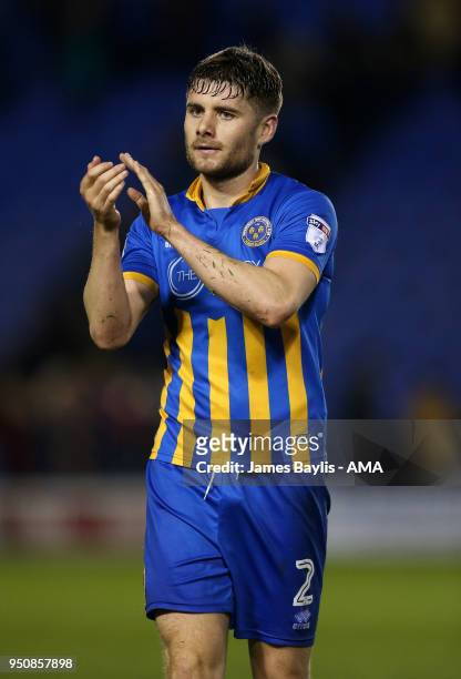 Joe Riley of Shrewsbury Town celebrates at full time after the Sky Bet League One match between Shrewsbury Town and Peterborough United at New Meadow...