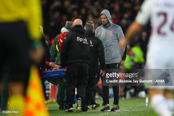 Jurgen Klopp manager / head coach of Liverpool reacts as Alex Oxlade-Chamberlain of Liverpool is taken off on a stretcher during the UEFA Champions...