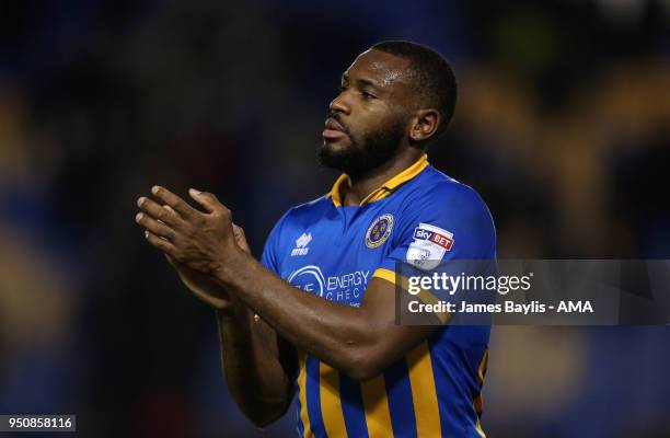 Lenell John-Lewis of Shrewsbury Town celebrates at full time after the Sky Bet League One match between Shrewsbury Town and Peterborough United at...