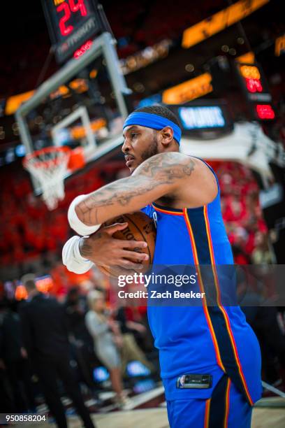 Carmelo Anthony of the Oklahoma City Thunder looks on prior to Game Three of Round One of the 2018 NBA playoffs against the Utah Jazz on April 21,...