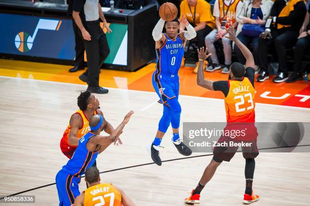 Russell Westbrook of the Oklahoma City Thunder passes the ball against the Utah Jazz Game Three of Round One of the 2018 NBA playoffs on April 21,...