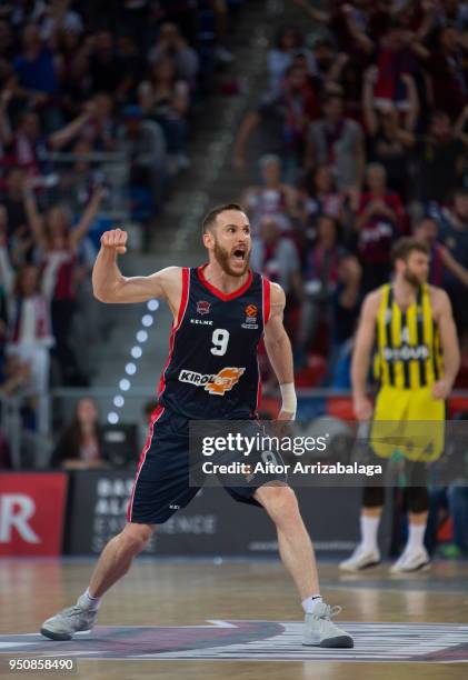 Marcelinho Huertas, #9 of Kirolbet Baskonia Vitoria Gasteiz celebrates during the Turkish Airlines Euroleague Play Offs Game 3 between Kirolbet...