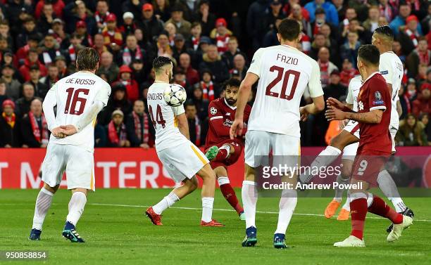 Mohamed Salah of Liverpool scoring the opening goal during the UEFA Champions League Semi Final First Leg match between Liverpool and A.S. Roma at...
