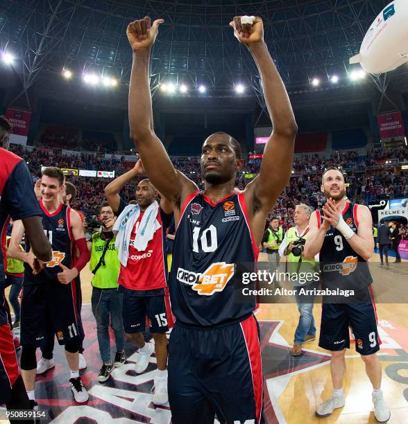 Rodrigue Beaubois, #10 of Kirolbet Baskonia Vitoria Gasteiz celebrates during the Turkish Airlines Euroleague Play Offs Game 3 between Kirolbet...