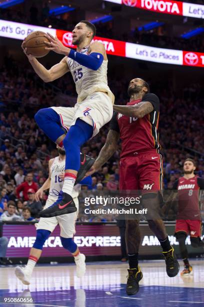 Ben Simmons of the Philadelphia 76ers goes up for a shot against James Johnson of the Miami Heat during Game Two of the first round of the 2018 NBA...