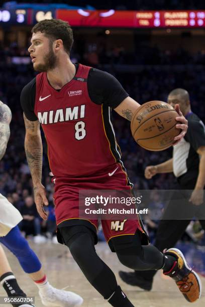 Tyler Johnson of the Miami Heat dribbles the ball against the Philadelphia 76ers during Game Two of the first round of the 2018 NBA Playoff at Wells...