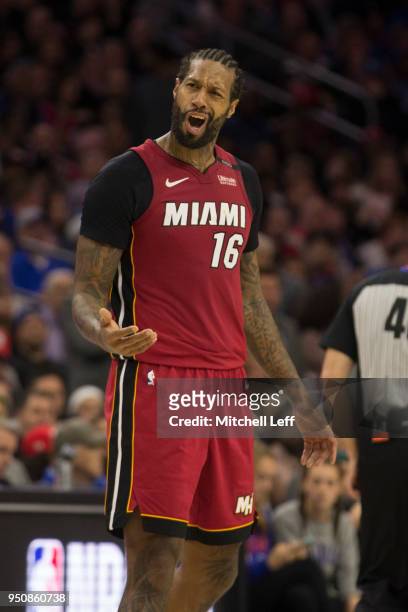 James Johnson of the Miami Heat reacts against the Philadelphia 76ers during Game Two of the first round of the 2018 NBA Playoff at Wells Fargo...