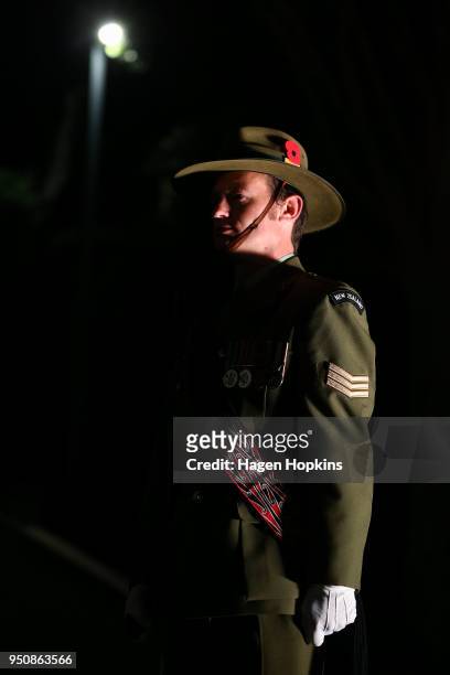 Soldier stands guard at Tomb of the Unknown Warrior during the Anzac Day Dawn Service at Pukeahu National War Memorial Park on April 25, 2018 in...