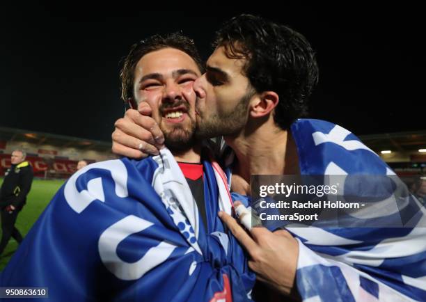 Blackburn Rovers' David Raya and Blackburn Rovers' Bradley Dack celebrate during the Sky Bet League One match between Doncaster Rovers and Blackburn...