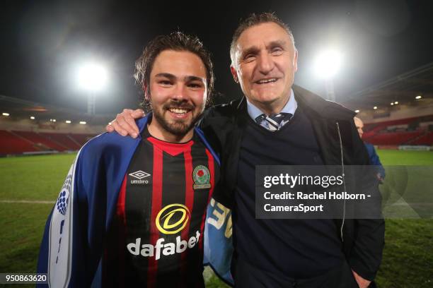 Blackburn Rovers' Bradley Dack and Blackburn Rovers Manager Tony Mowbray celebrate during the Sky Bet League One match between Doncaster Rovers and...