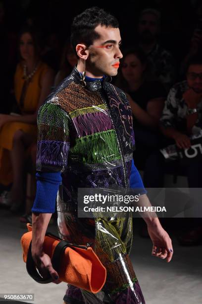 Model presents a creation by Led during the Sao Paulo Fashion Week in Sao Paulo, Brazil on April 24, 2018.