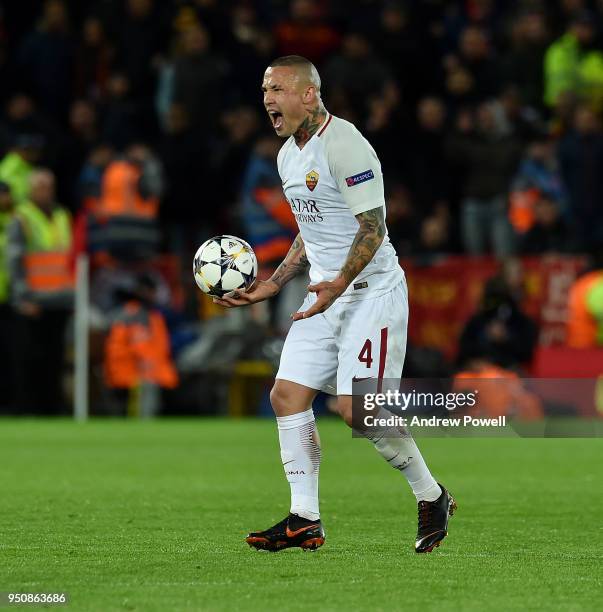 Radja Nainggolan of A.S. Roma reacts during the UEFA Champions League Semi Final First Leg match between Liverpool and A.S. Roma at Anfield on April...