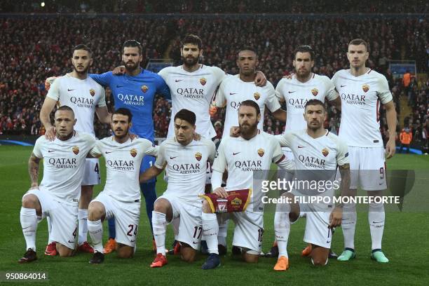 Roma's Brazilian goalkeeper Alisson, Roma's Belgian midfielder Radja Nainggolan, Roma's Brazilian defender Juan Jesus, Roma's Dutch midfielder Kevin...