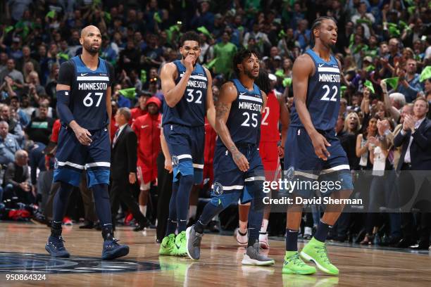 The Minnesota Timberwolves look on in Game Four of Round One of the 2018 NBA Playoffs against the Houston Rockets on April 23, 2018 at Target Center...