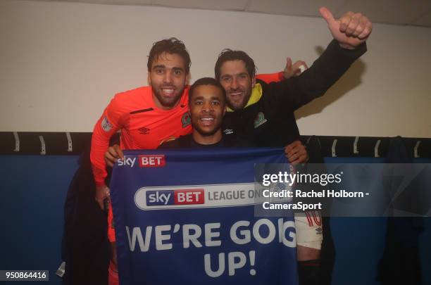 Blackburn Rovers' Danny Graham, Blackburn Rovers' David Raya and Blackburn Rovers' Dominic Samuel celebrateduring the Sky Bet League One match...